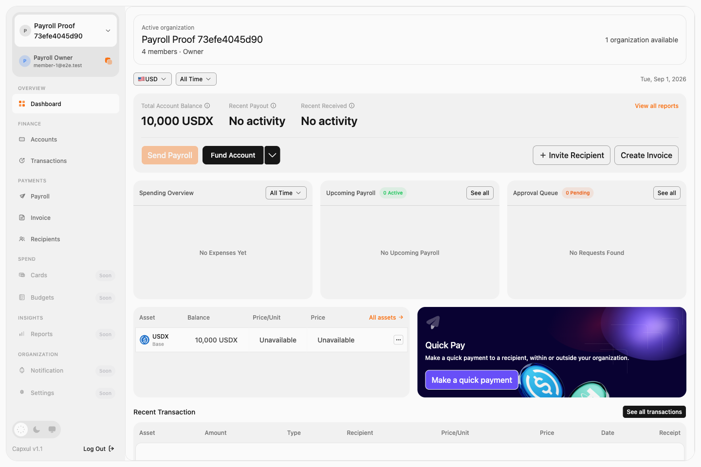 Organization dashboard with the Upcoming Payroll widget and its See all button